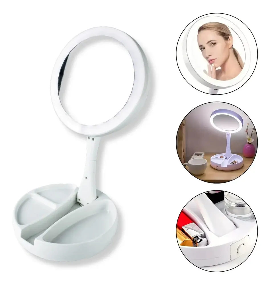 Espelho Camarim 2 Lados Zoom Redondo Led Porta Joias Branco