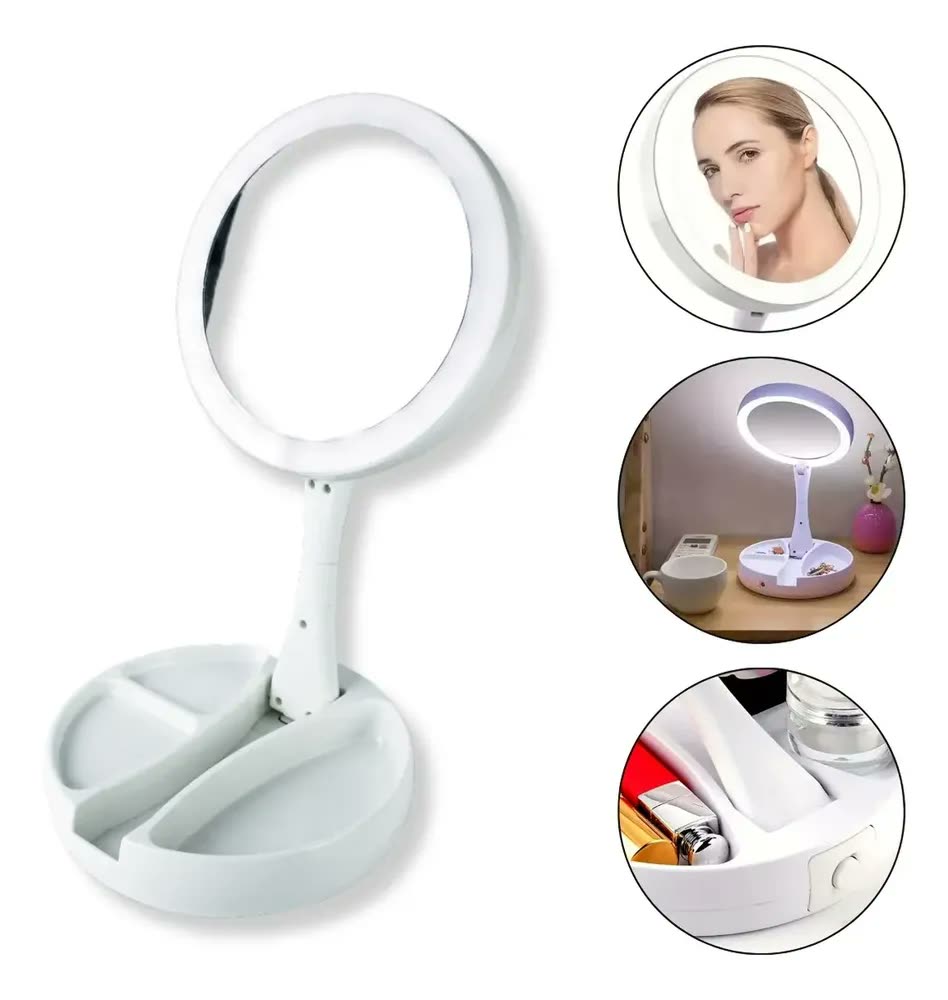 Espelho Camarim 2 Lados Zoom Redondo Led Porta Joias Branco