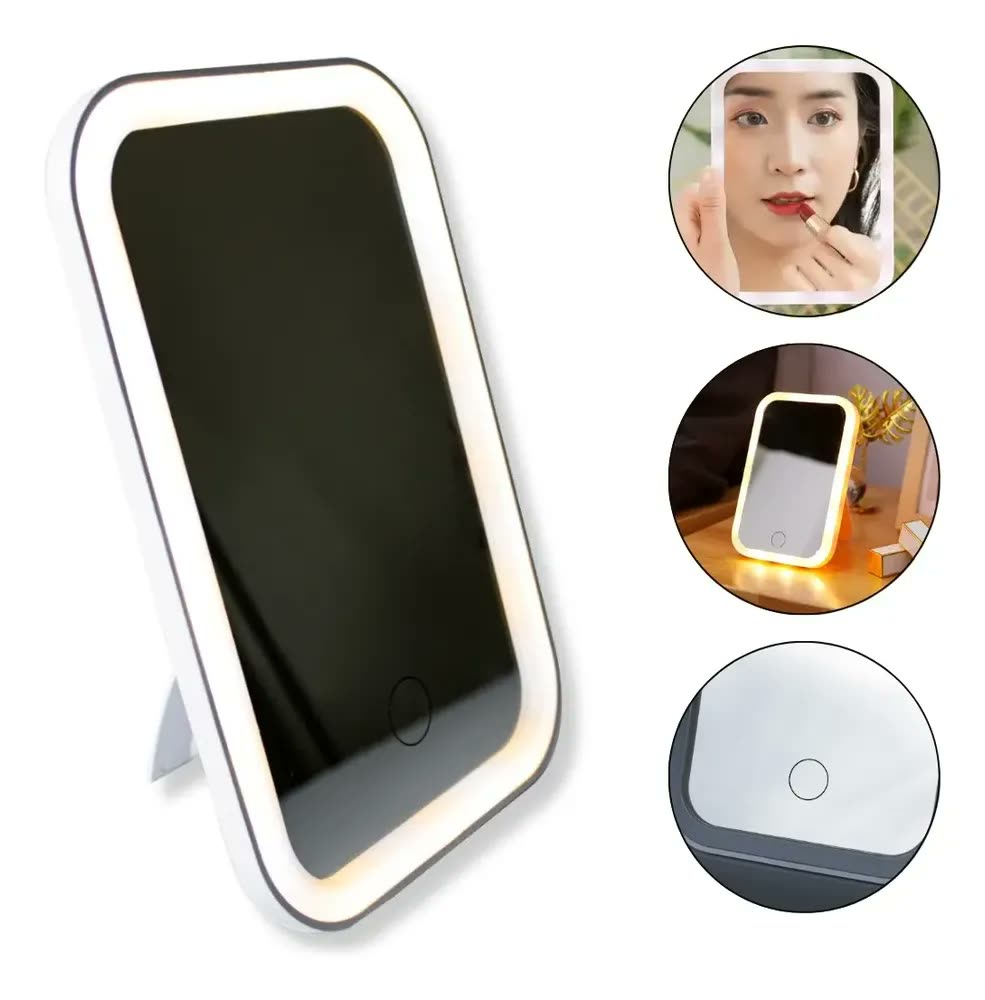 foto de Espelho Touch Luz Led 3 Intensidades Penteadeira Mesa Make Camarim Portátil Bolsa Viagem Carregamento Rápida