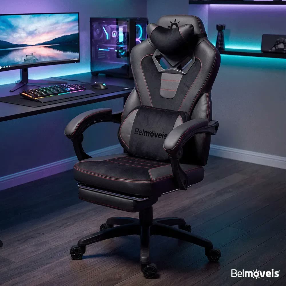 Cadeira Gamer Premium Belmóveis BM2 Molas Ensacadas Reclinável 135° 150kg Couro PU Preta