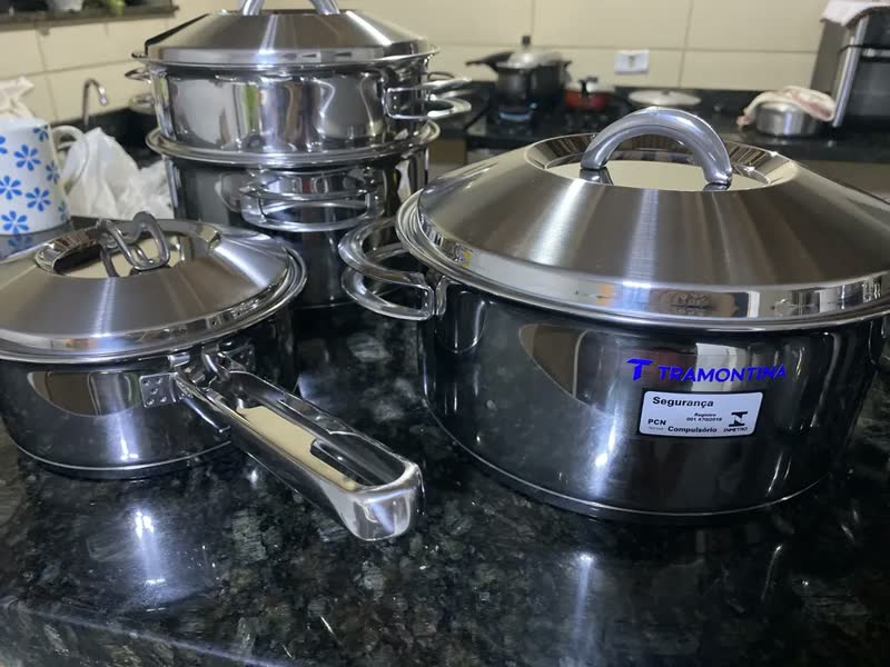foto de Jogo Panelas Tramontina Solar Inox 6pç Indução Fundo Triplo Aço Inox