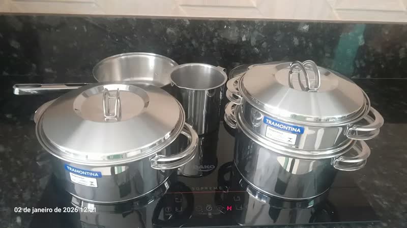 foto de Jogo Panelas Tramontina Solar Inox 6pç Indução Fundo Triplo Aço Inox