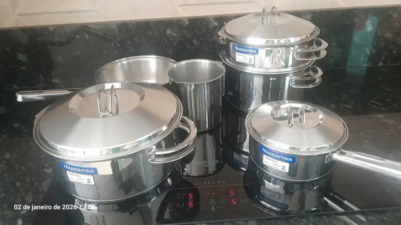 foto de Jogo Panelas Tramontina Solar Inox 6pç Indução Fundo Triplo Aço Inox