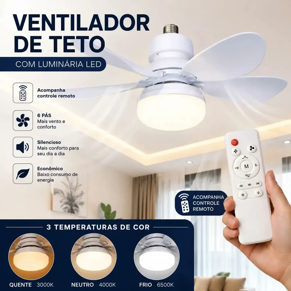 Ventilador de Teto Sayonara POP Com Luz LED e Controle Remoto, 6 Pás Silencioso Bivolt