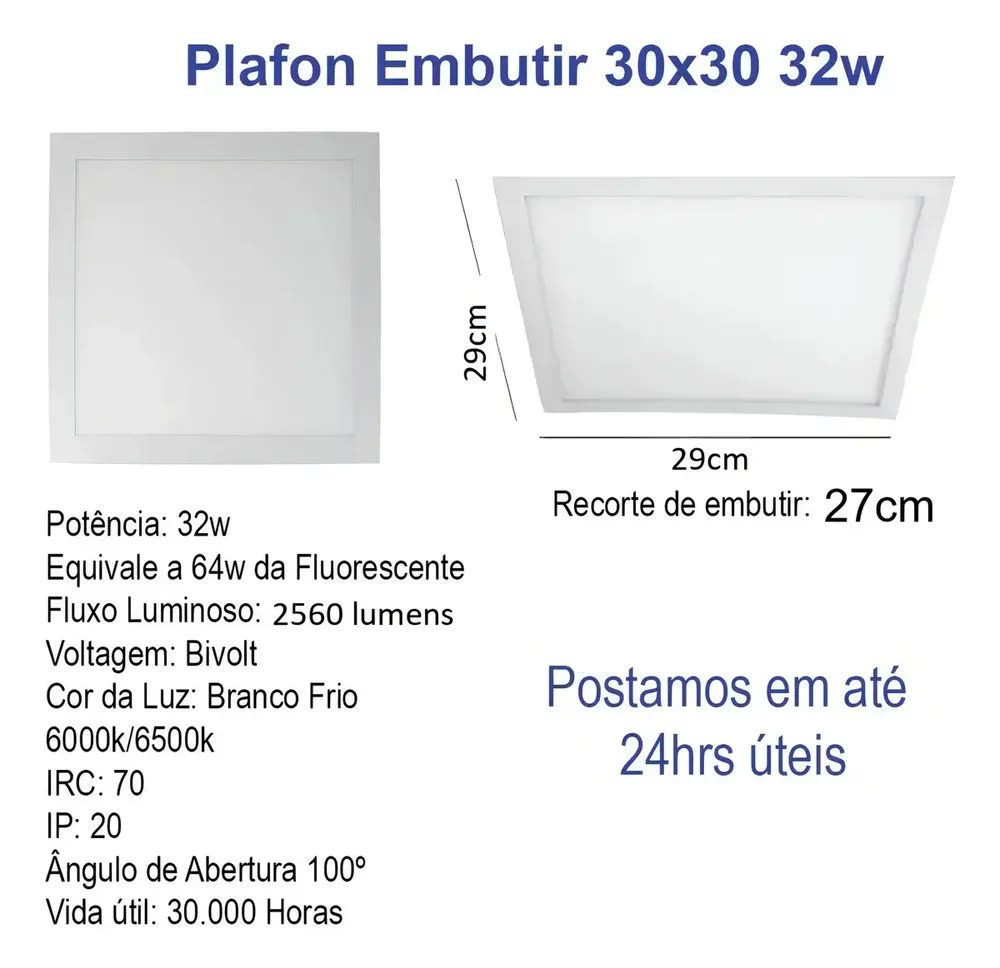 foto de Plafon Luminaria Led 30x30 Quadrado Embutir 6000k/6500k 32w Estrutura Branco-frio