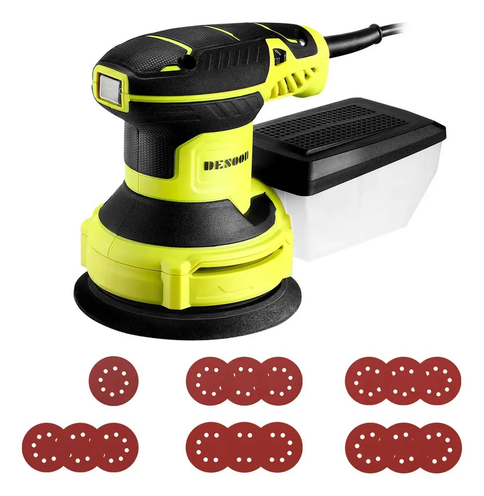 Lixadeira Orbital 350W Profissional Circular 125mm Velocidade Variável Com 16 Lixas E Auto Sucção Coletor De Pó Desoon