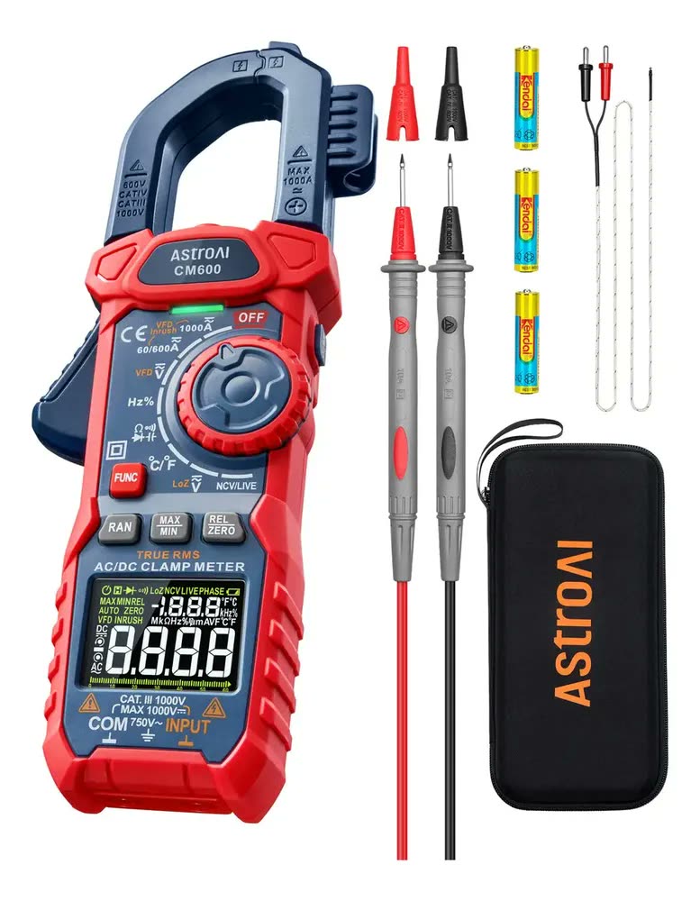 Alicate Multímetros profissional Digital AstroAI com pinça de corrente Inrush,1000A TRMS,testador de corrente e tensão com VFD,modo LOZ;mede corrente CA/CC,tensão,temperatura,resistência,capacitância