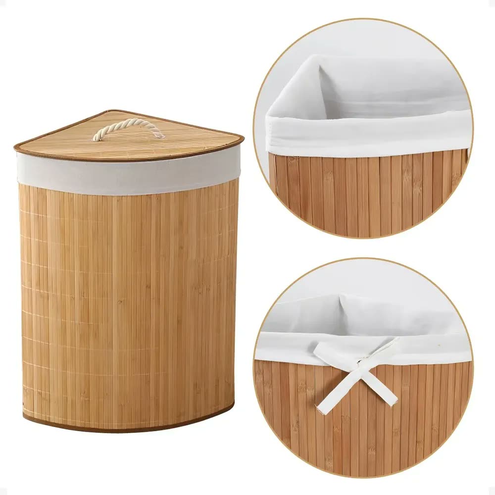 Cesto Roupa Suja Triangular Bambu Dobrável Olga Casa Bege 60L