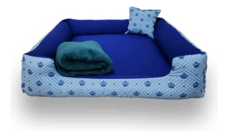 Cama Para Cachorro Grande Gv Caminhas Pet, Azul Coroa, Com Manta e Almofada