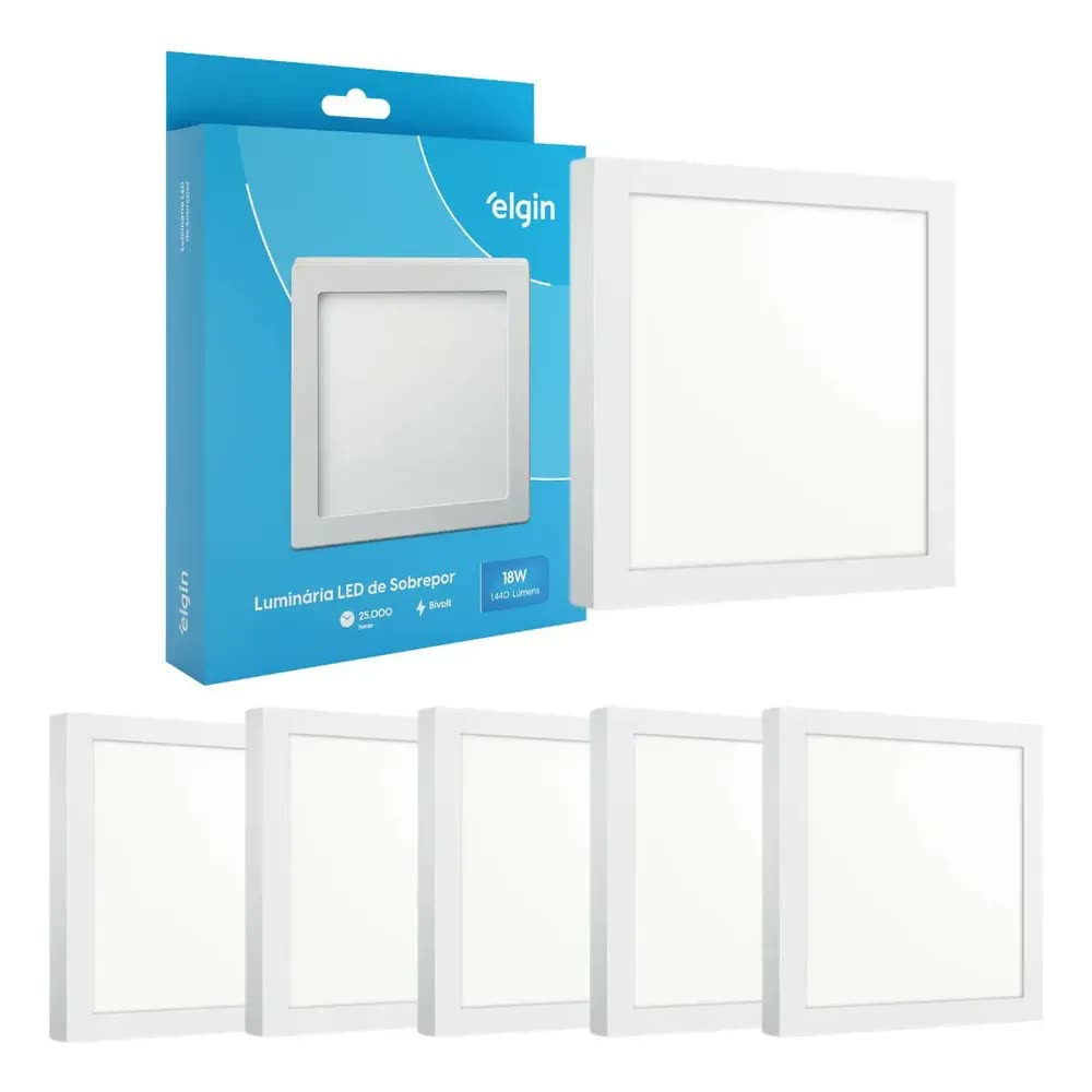 Kit 5 Painel Plafon Led Sobrepor Quadrado 18w Branco Frio