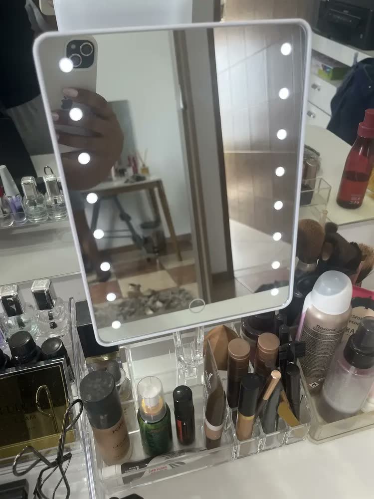 foto de Espelho LED Touch Retangular Design Studio Acrílico Organizador Maquiagem