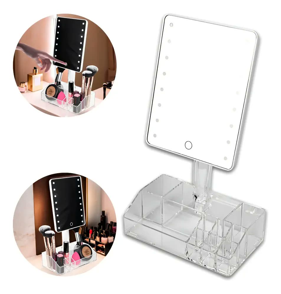 foto de Espelho LED Touch Retangular Design Studio Acrílico Organizador Maquiagem