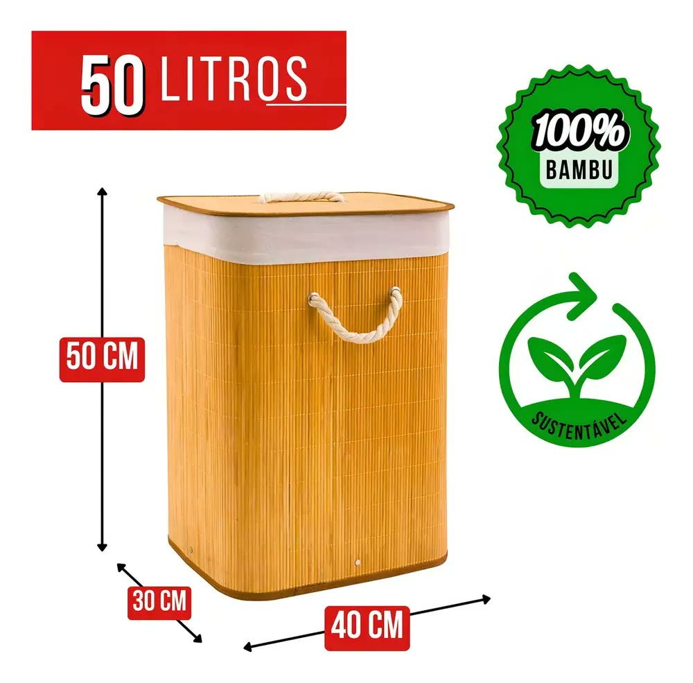 Cesto de Roupa Suja L.A Utilidades Bambu Natural Dobrável Bege 50L com Tampa e Alças