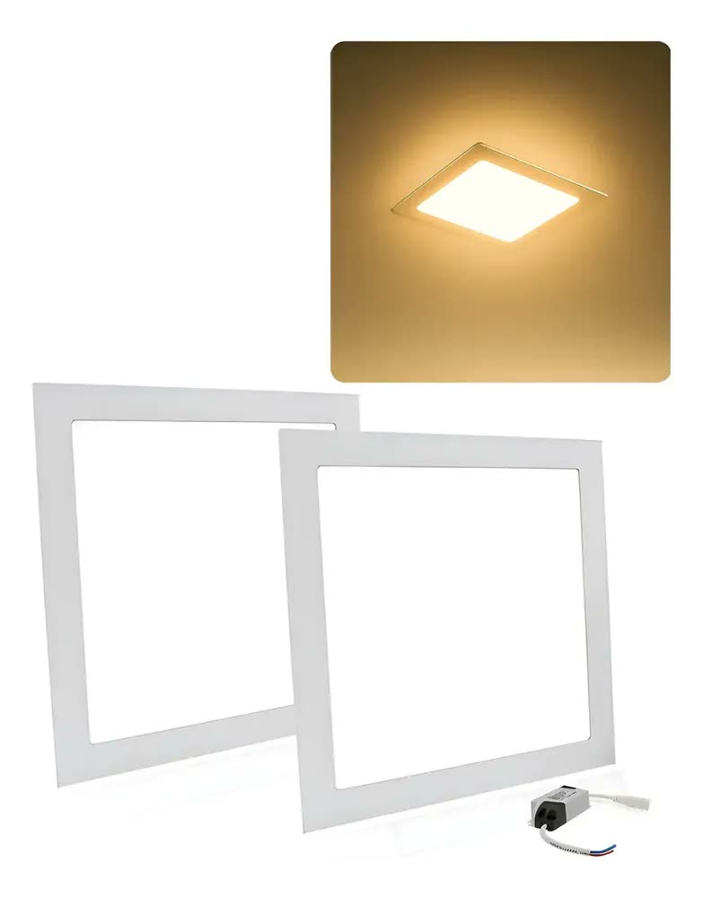 Kit 2 Luminaria Painel Plafon Led Embutir Quadrada 18w 22x22 Estrutura 3000k - Branco Quente