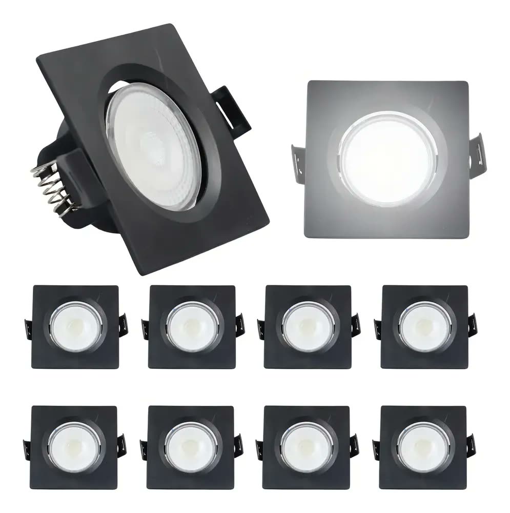 Kit 10 Spots LED Embutir Quadrado Preto 3W 6500K Branco Frio