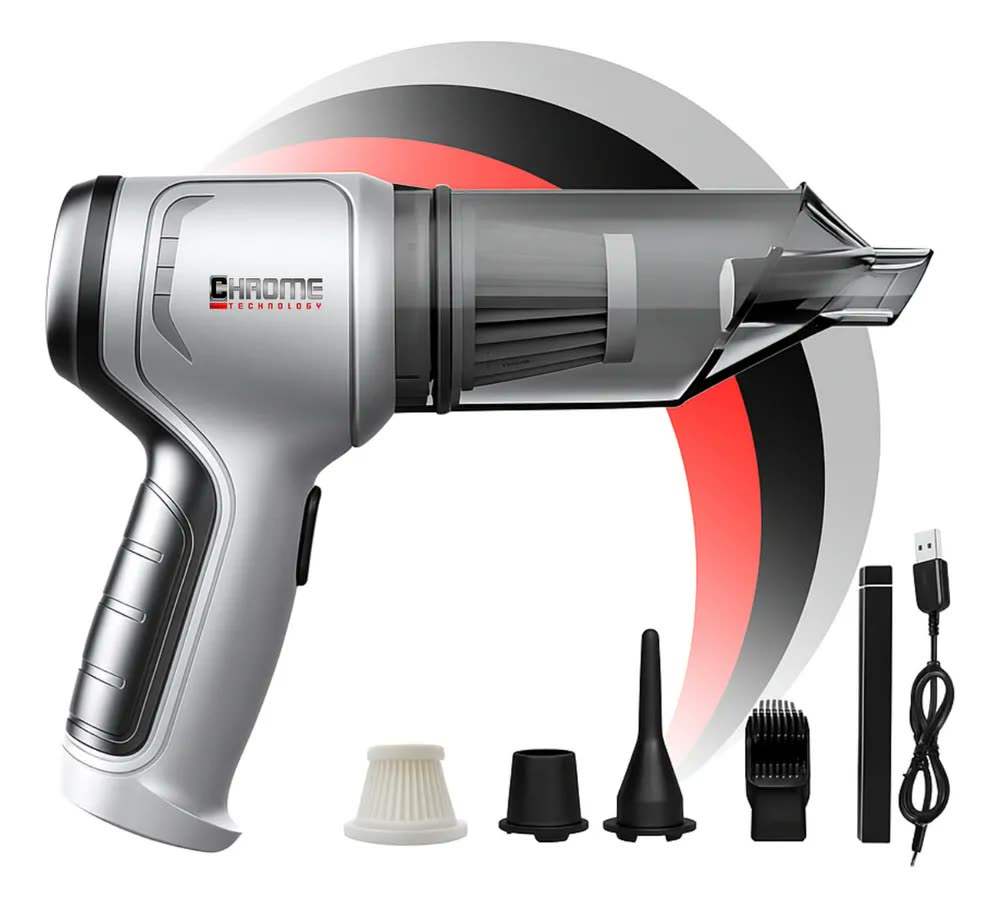 foto de Mini Aspirador De Pó Portátil Recarregável Soprador Usb Automotivo 3em1 Sem Fio Premium Vácuo Limpeza Carro Multifuncional Casa Chrome Technology