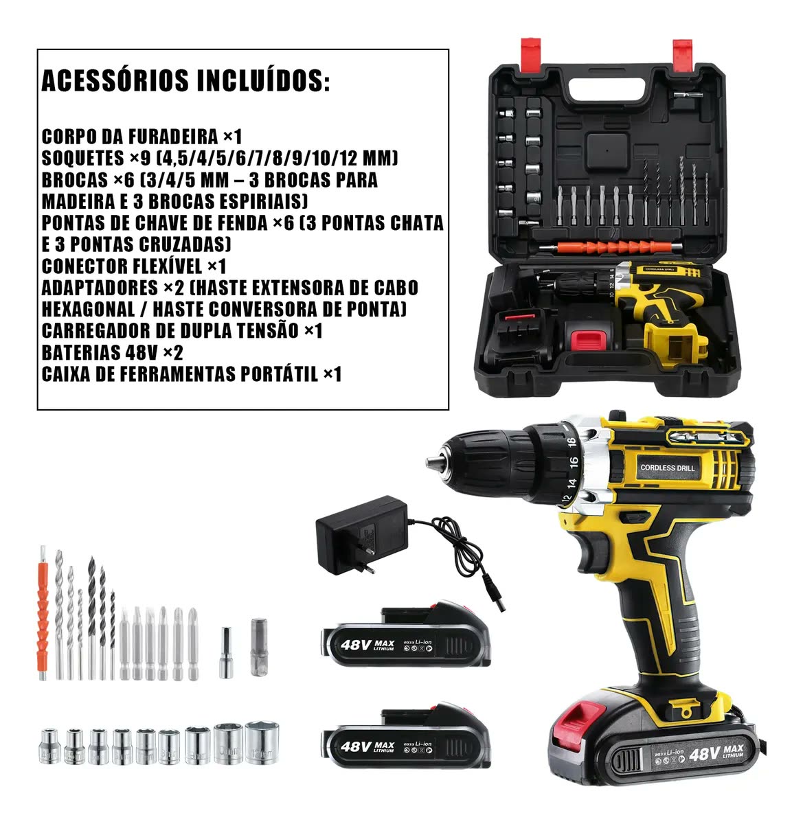 Furadeira Parafusadeira 48v Max 2 Baterias De Lítio Sem Fio