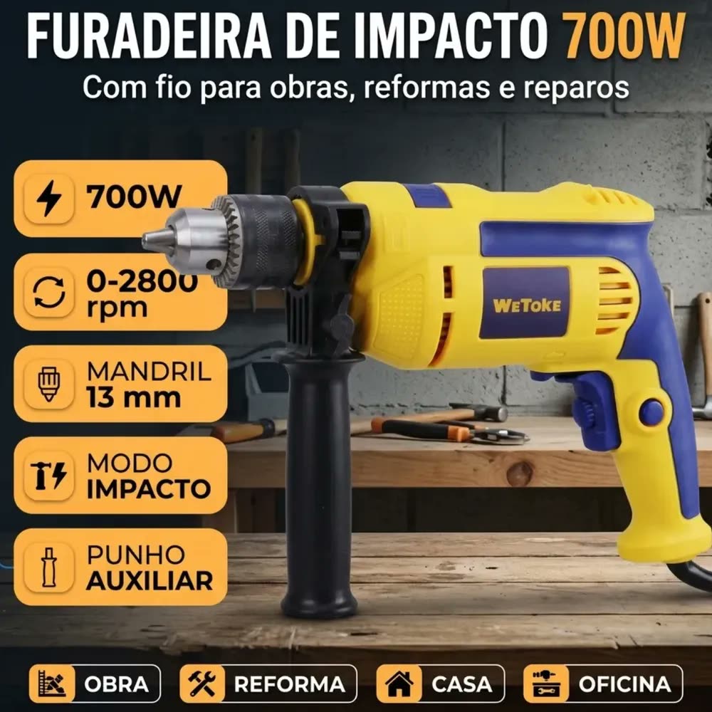 Furadeira de Impacto Elétrica Wetoke 700W para Concreto e Parede 13mm