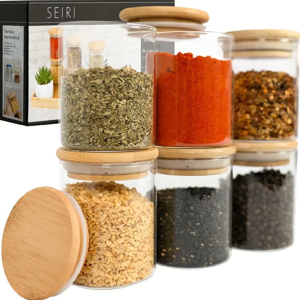 foto de Kit 6 Potes Porta Temperos Vidro Borossilicato Hermético Tampa Bambu Organizador Cozinha 200 ml Seiri