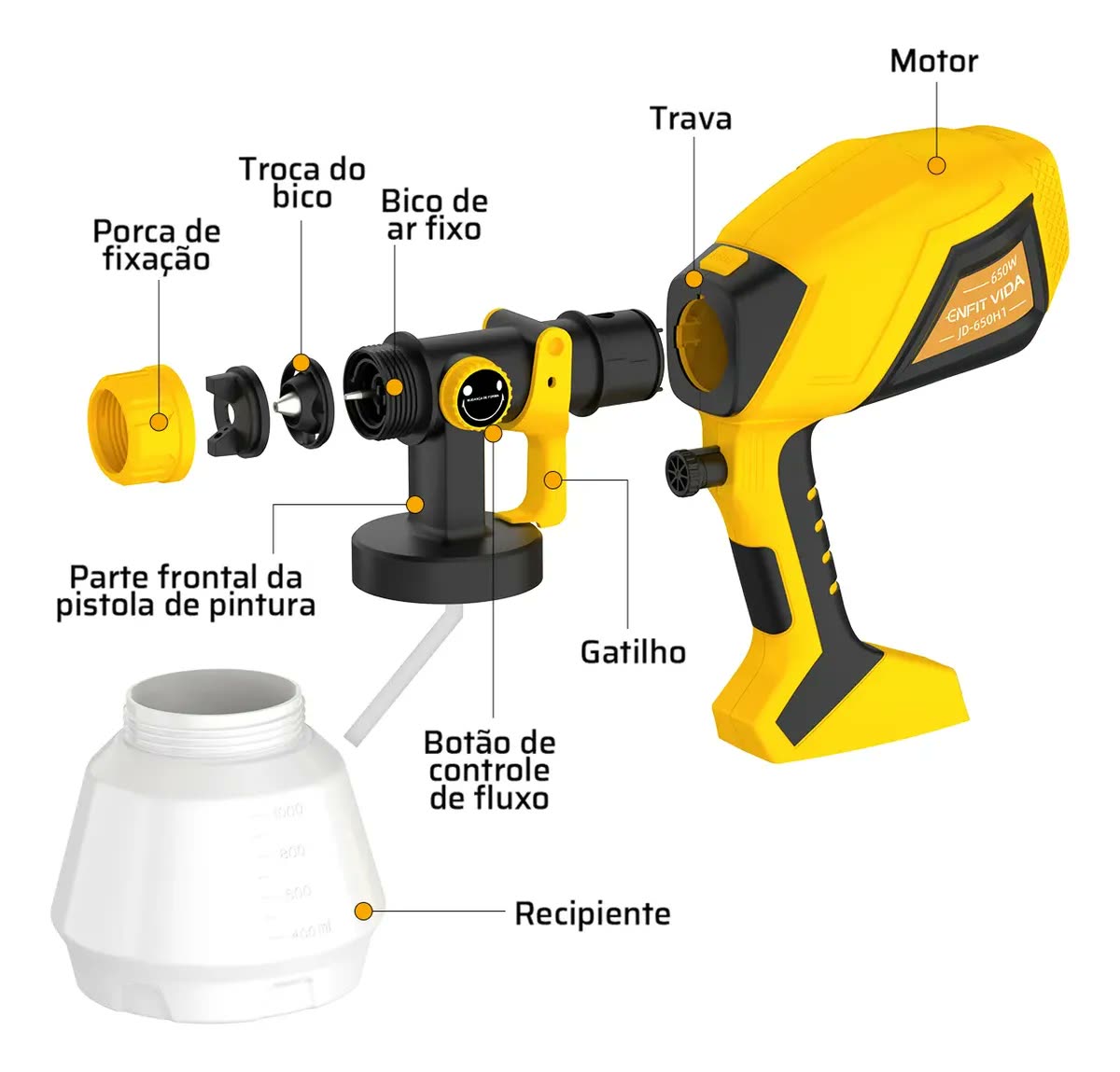 Pistola De Pintura Hvlp Portátil 650w 1000ml 3 Bicos Latão