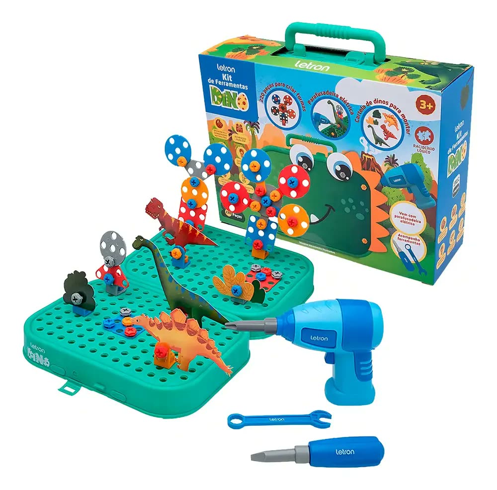 Brinquedo Dinossauro Montar 228 Pçs Parafusadeira Elétrica