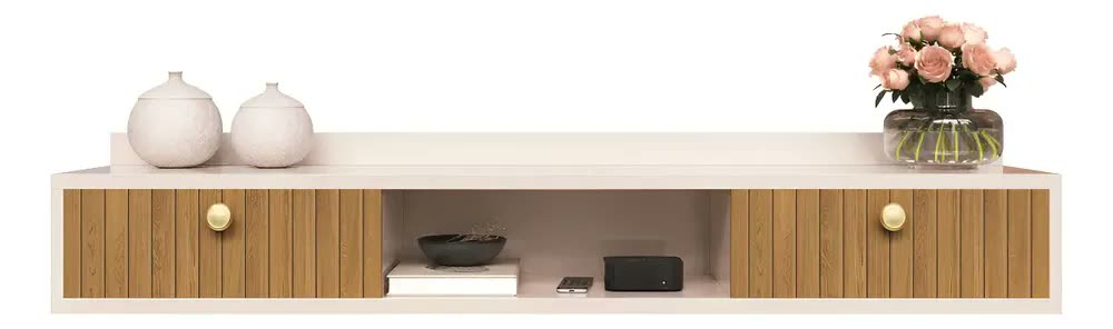 Rack Suspenso Home Para Tv Bancada Flutuante 2 Portas Sala Quarto Off White Ripado