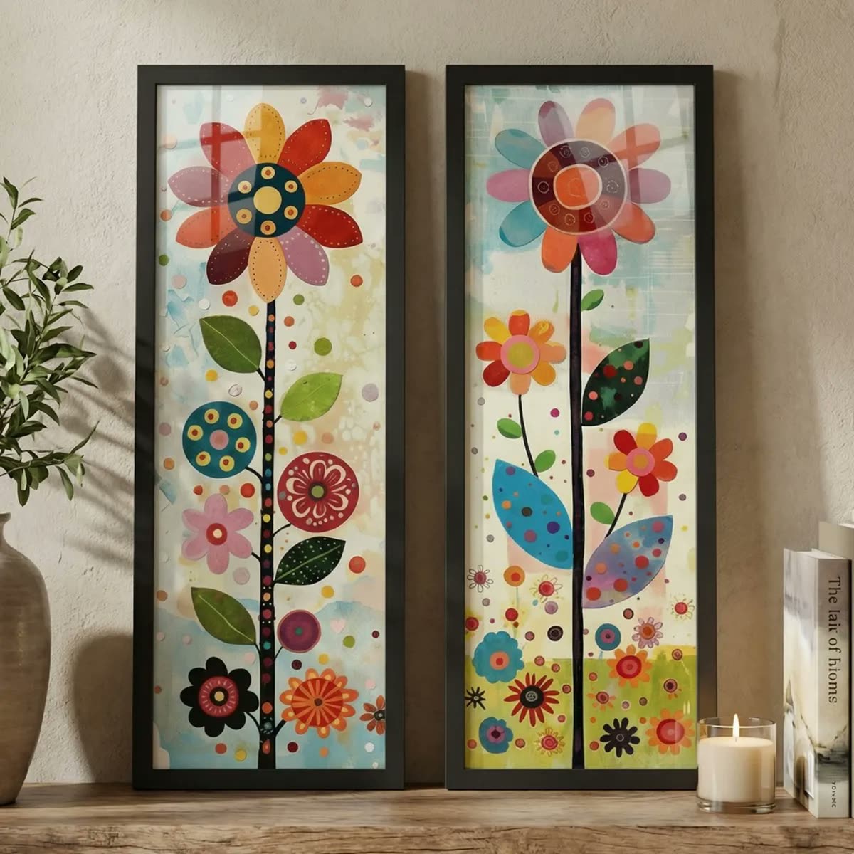 Kit 2 Quadros Sala, Varanda, Vasos, Flores, Moldura E Vidro