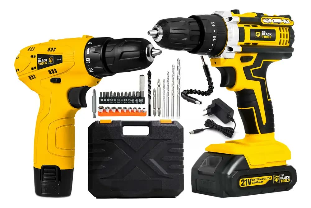 Kit Parafusadeira Furadeira De Impacto A Bateria 21V 3/8” + Furadeira Sem Fio 12V Bivolt C/ Acessórios The Black Tools