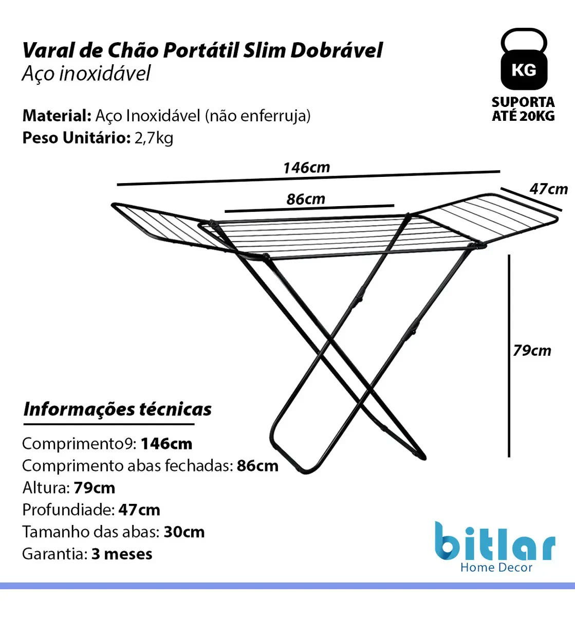 Varal Roupa Chão Com Abas Grande 20kg Retrátil Dobrável