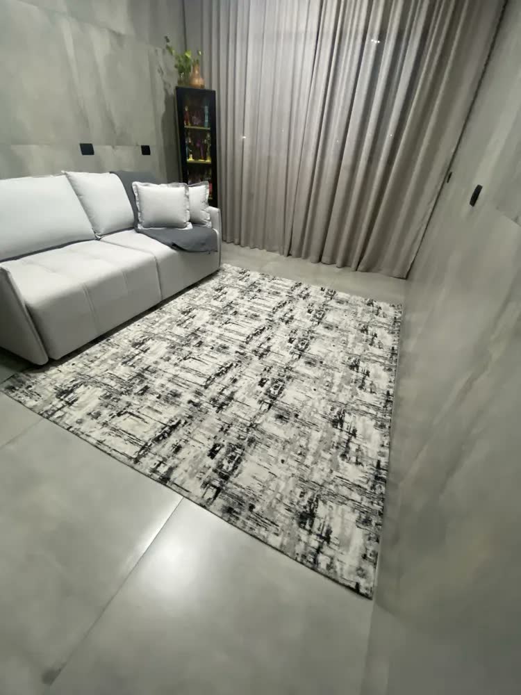foto de Tapete Grande para Sala e Quarto Algodão 300x200 Antiderrapante Branco e Cinza Obra de Arte ENCANTALAR