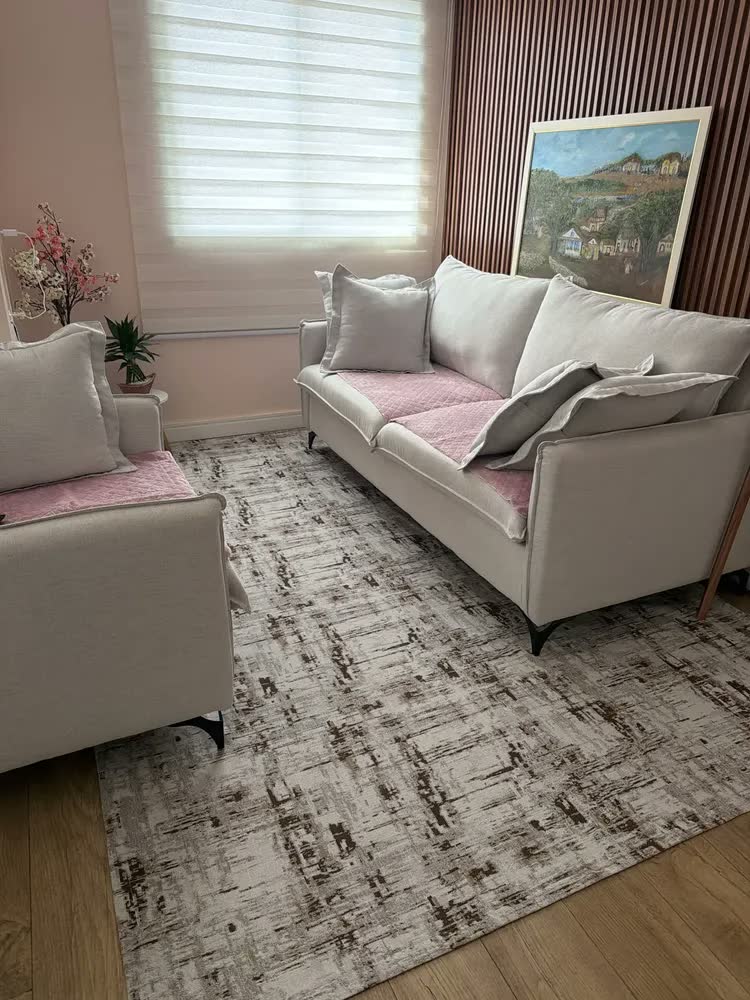 foto de Tapete Antiderrapante Jacquard para Sala e Quarto Branco/Marrom 2.5m x 2m ENCANTALAR