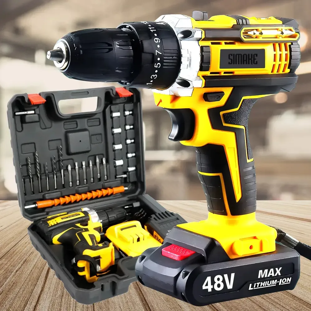 foto de Parafusadeira Furadeira C/ 2 Baterias Maleta Kit Completo Led Eixo Flexível Vários Níveis Torque Simake