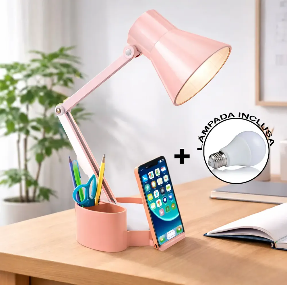 Abajur Luminária Articulada Porta Lápis Home Office Estudo Cúpula Salmão Estrutura Salmão/Branco