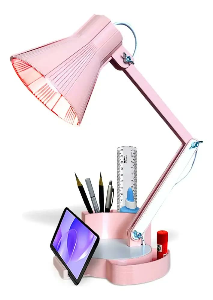 Abajur Luminária Articulada Porta Lápis Home Office Estudo Cúpula Salmão Estrutura Salmão/Branco