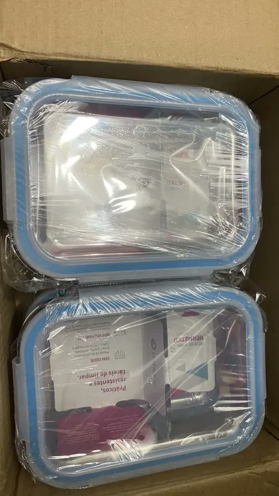 foto de Kit 2 Potes Hermético Vidro Divisória Marmita 4 Travas 640ml Cor Azul