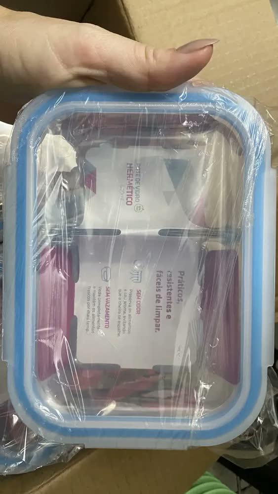 foto de Kit 2 Potes Hermético Vidro Divisória Marmita 4 Travas 640ml Cor Azul