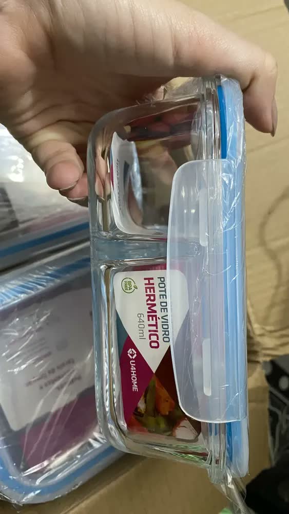 foto de Kit 2 Potes Hermético Vidro Divisória Marmita 4 Travas 640ml Cor Azul