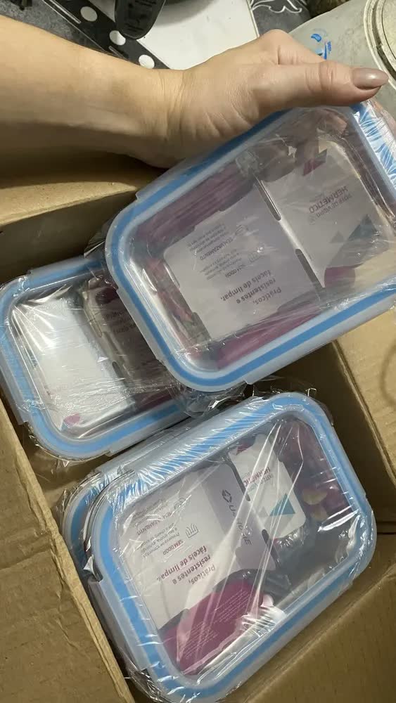 foto de Kit 2 Potes Hermético Vidro Divisória Marmita 4 Travas 640ml Cor Azul