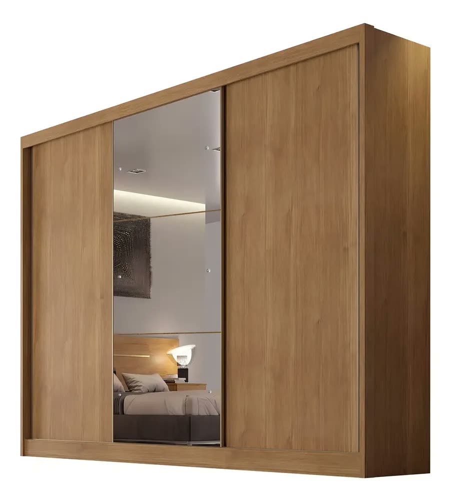 Guarda Roupa Casal Horizonte Cumaru 3 Portas Correr Espelho MDF
