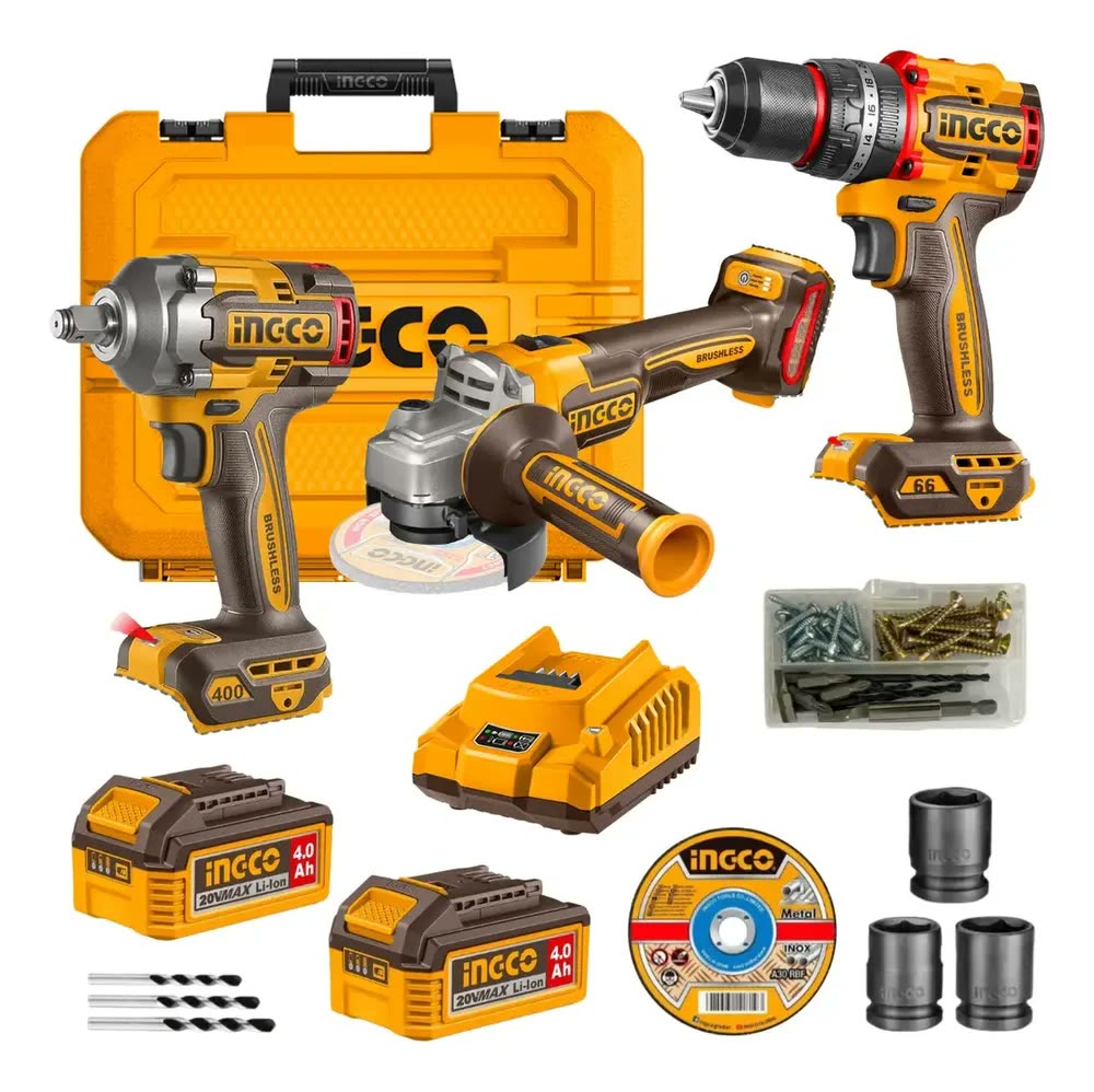 Kit Parafusadeira + Esmerilhadeira + Chave Impacto 20v Ingco