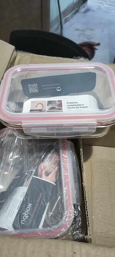 foto de Conjunto 6 Potes Vidro Hermético Retangular 640ml Marmita Micro-ondas Vermelho Nabox