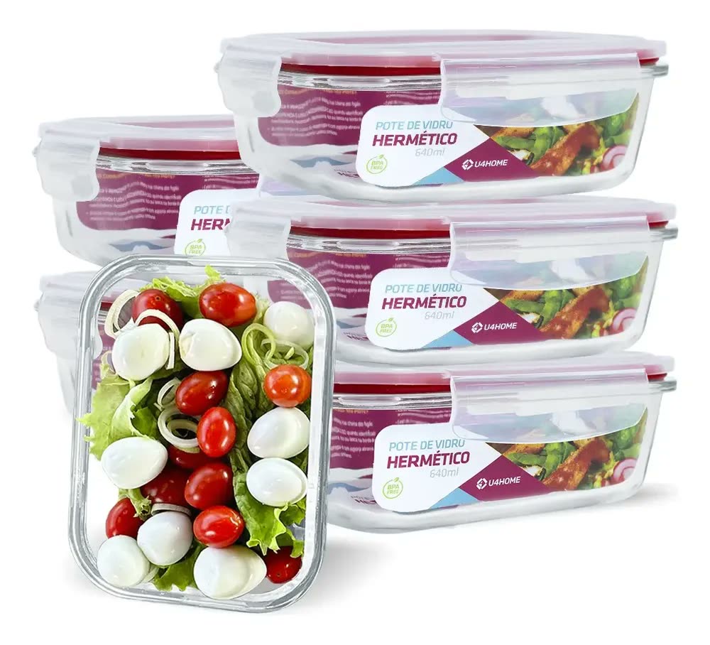 Conjunto 6 Potes Vidro Hermético Retangular 640ml Marmita Micro-ondas Vermelho Nabox