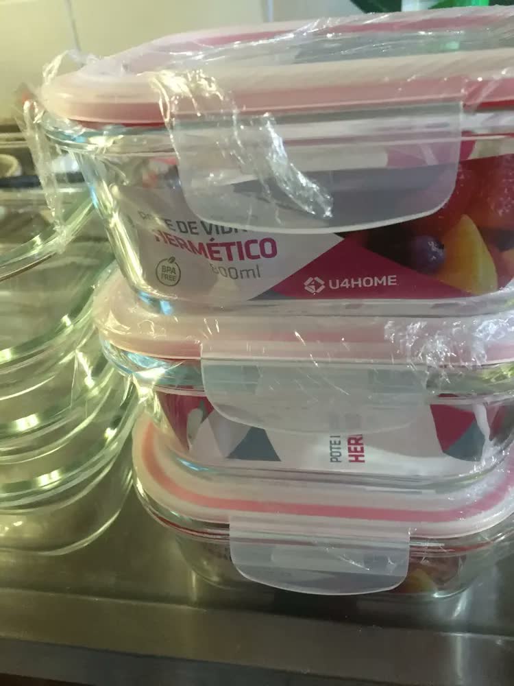 foto de Kit 4 Potes Vidro Hermético Trava Quadrado 800ml Marmita Cor Branco (QH)