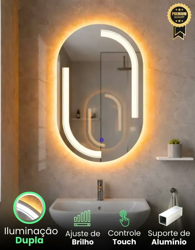 foto de Espelho De Led Oval 80x50 Touch Screen Jateado De Maquiagem Aurora