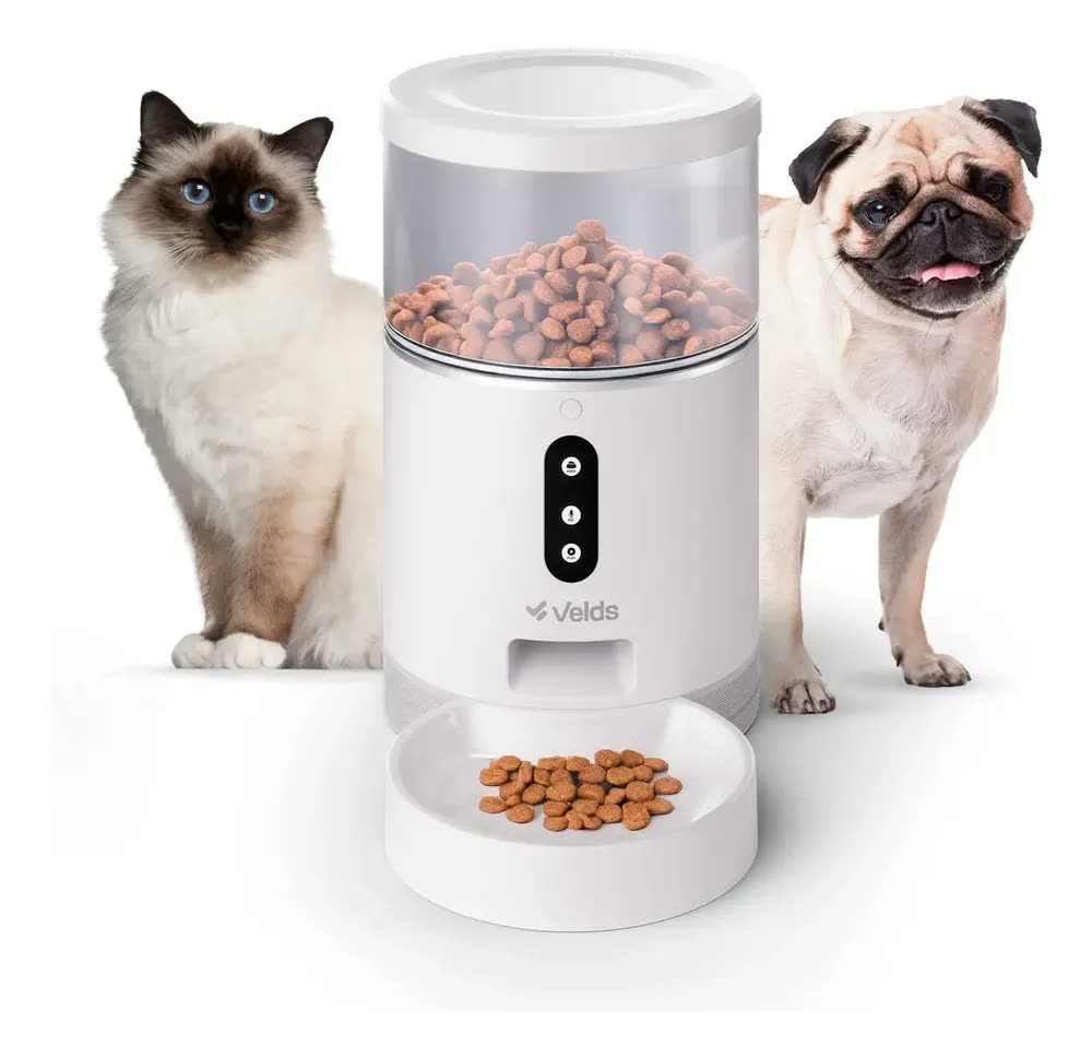 Comedouro Automático Ração Gatos E Cães Velds com App e Programação, Alimentador Smart 4L Branco