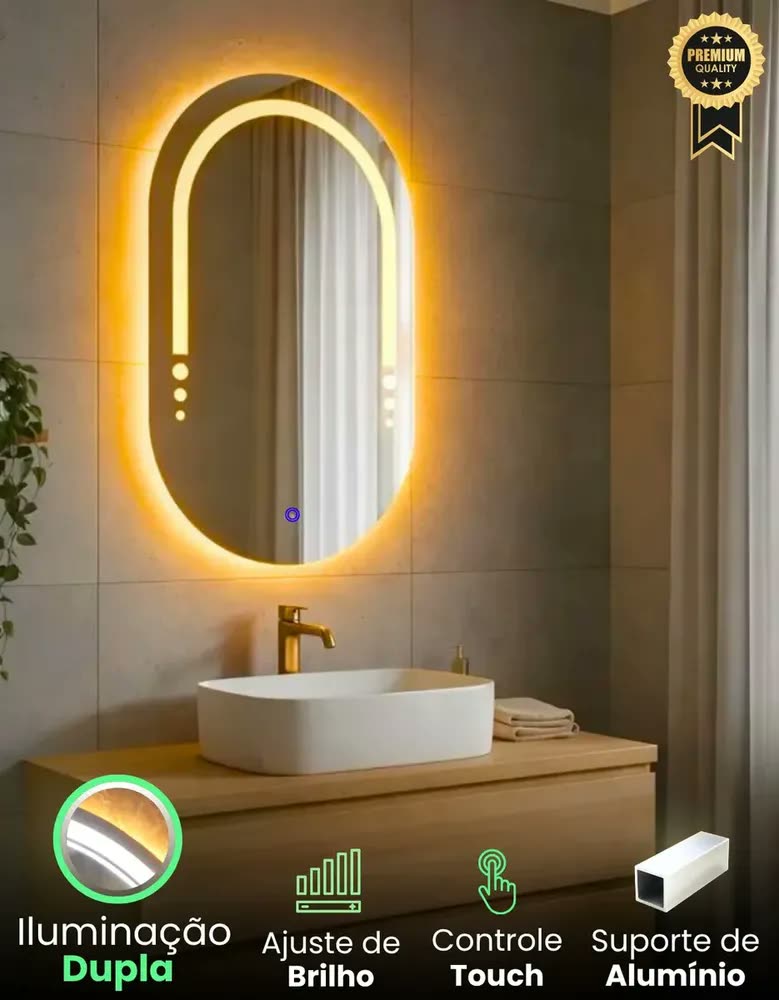 foto de Espelho Oval 80x50cm LED Frente E Atrás Espelho Para Maquiagem