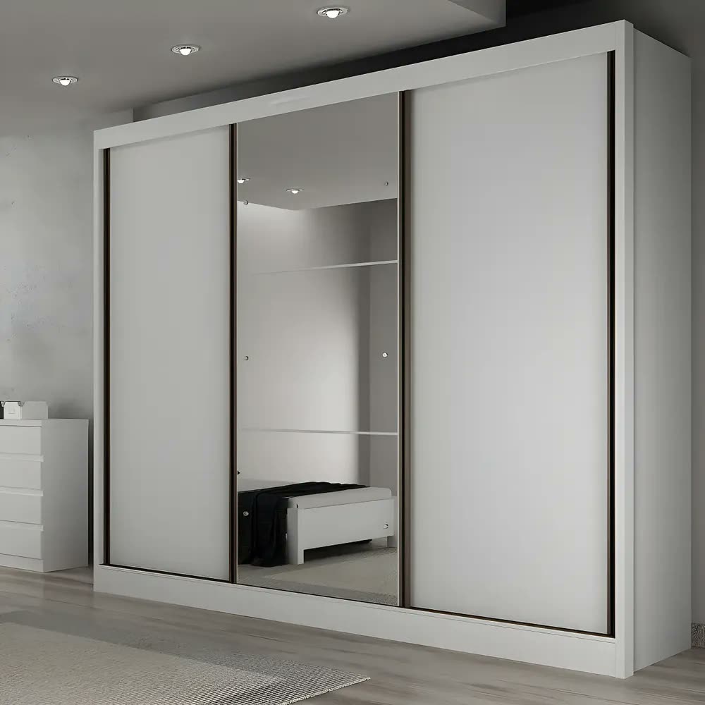 Guarda Roupa Casal Branco Com Espelho 3 Portas 6 Gavetas MDF