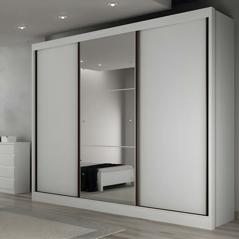 Guarda Roupa Casal Branco Com Espelho 3 Portas 6 Gavetas MDF
