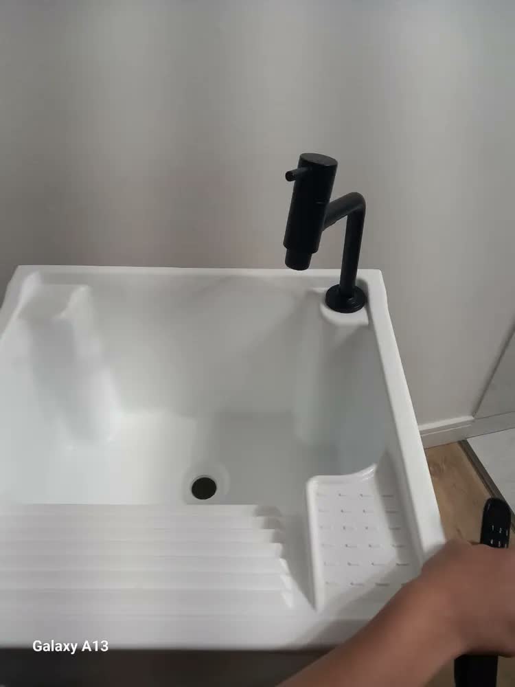 foto de Tanque Lavar Roupa 26l | Gabinete Mdf Branco 46cm | Prateleira, Válvula E Sifão Inclusos | Entregue Montado | Balcão Armário Com Tanque Preto Para Lavanderia | Ejv Shoop