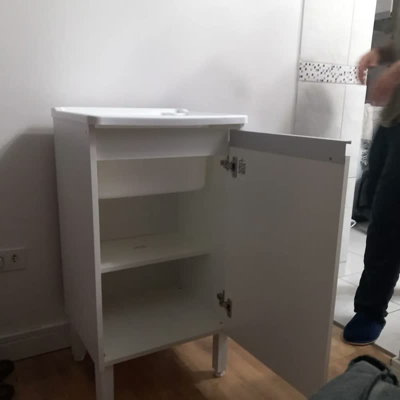 foto de Tanque Lavar Roupa 26l | Gabinete Mdf Branco 46cm | Prateleira, Válvula E Sifão Inclusos | Entregue Montado | Balcão Armário Com Tanque Preto Para Lavanderia | Ejv Shoop